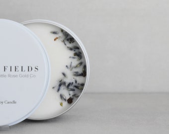 Lavender Fields Mini Candle~ Floral Candle~Lavender Flower~Hand-Poured Soy Candle~ White Tin~ Travel Candle ~Home Decor~ 2 oz