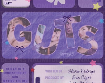 May include: Purple album art featuring the word "GUTS" with images inside the letters. The top has the letters "OR" and the text "ALL AMERICAN B*TCH, BAD IDEA, RIGHT?, VAMPIRE, LACY". The bottom has the text "BALLAD OF A HOMESCHOOLED GIRL, MAKING THE BED, LOGICAL, GET HIM BACK!"