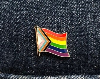 Progress Pride Flag Rainbow Pin, Bisexual Nonbinary Transgender Enamel Badge, Inclusive Gay LGBTQ Brown & Black Stripes/POC/Philly They Them