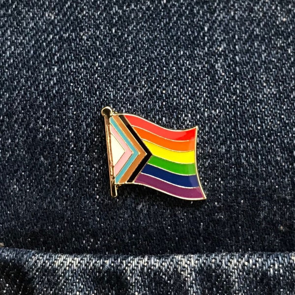 Progress Pride Flag Rainbow Pin, Bisexual Nonbinary Transgender Enamel Badge, Inclusive Gay LGBTQ Brown & Black Stripes/POC/Philly They Them