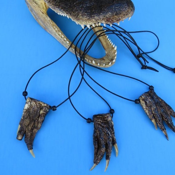 Six (6) Real Alligator Foot Feet Necklaces on Black Leather Cord with Black Beads, 25 inches Long (can cut to desired length)