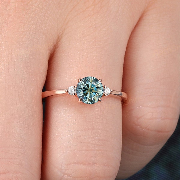 Minimalist Promise Ring For Women, 18K Rose Gold Engagement Ring, Moissanite Bridal Ring, Anniversary Round Cut 6mm Blue Moissanite Ring