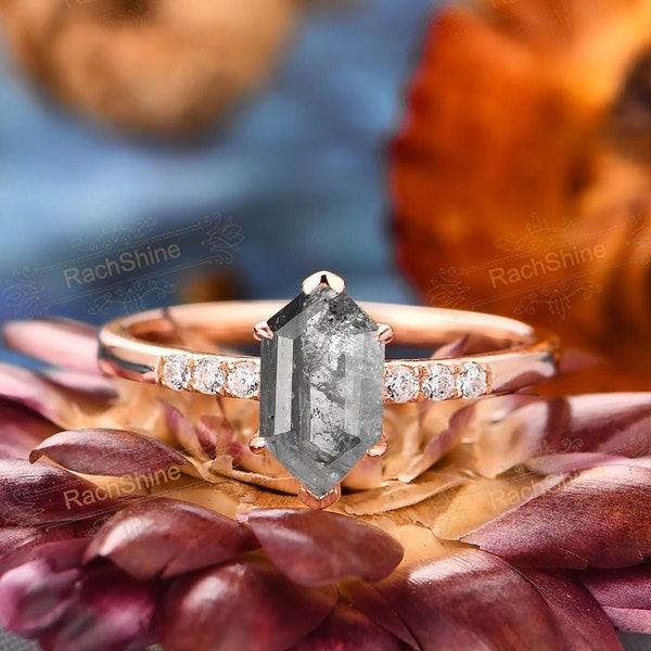 Natural Salt Pepper Herkimer Diamond Engagement Ring Rose Gold/Dainty Galaxy Raw Salt and Pepper Diamond Wedding Promise Ring/Ring For Women