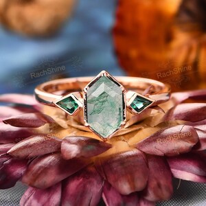 Long Hexagon Cut 5x9mm Moss Agate Ring/ Solid 14k Rose Gold Bridal Ring/ Unique Wedding Ring/ Delicate Green Gemstone Ring/ Art Deco Ring