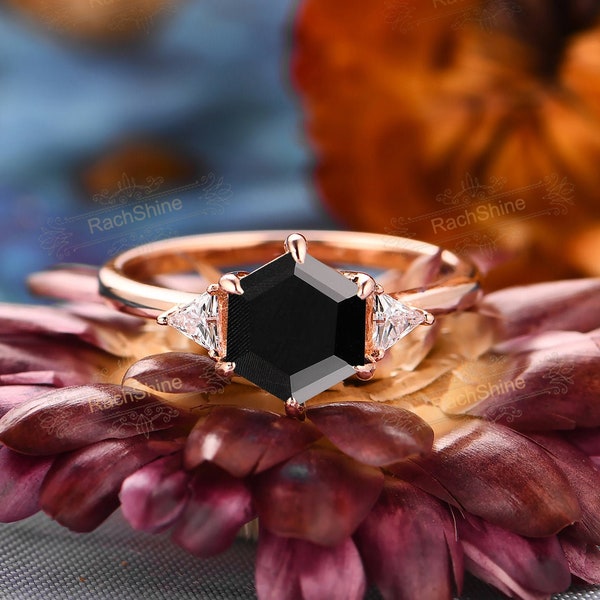 Black Onyx Engagement Ring/ Hexagon Cut 7x7mm Natural Onyx Wedding Ring/ Anniversary Promise Unique Ring/ Women Delicate Ring/ Dainty Ring