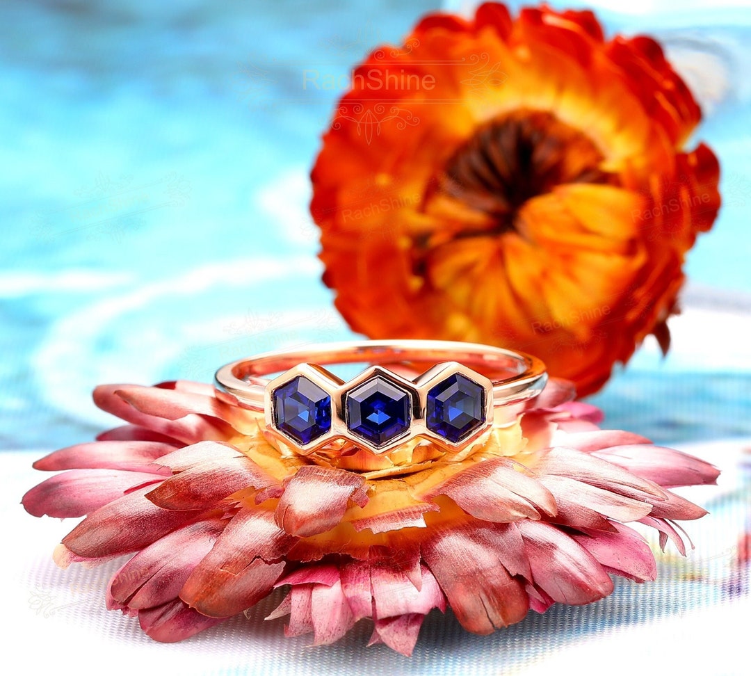 Sapphire Wedding Ring/ Solid Gold Wedding Band/ Unique Blue Sapphire Anniversary Ring/ Hexagon