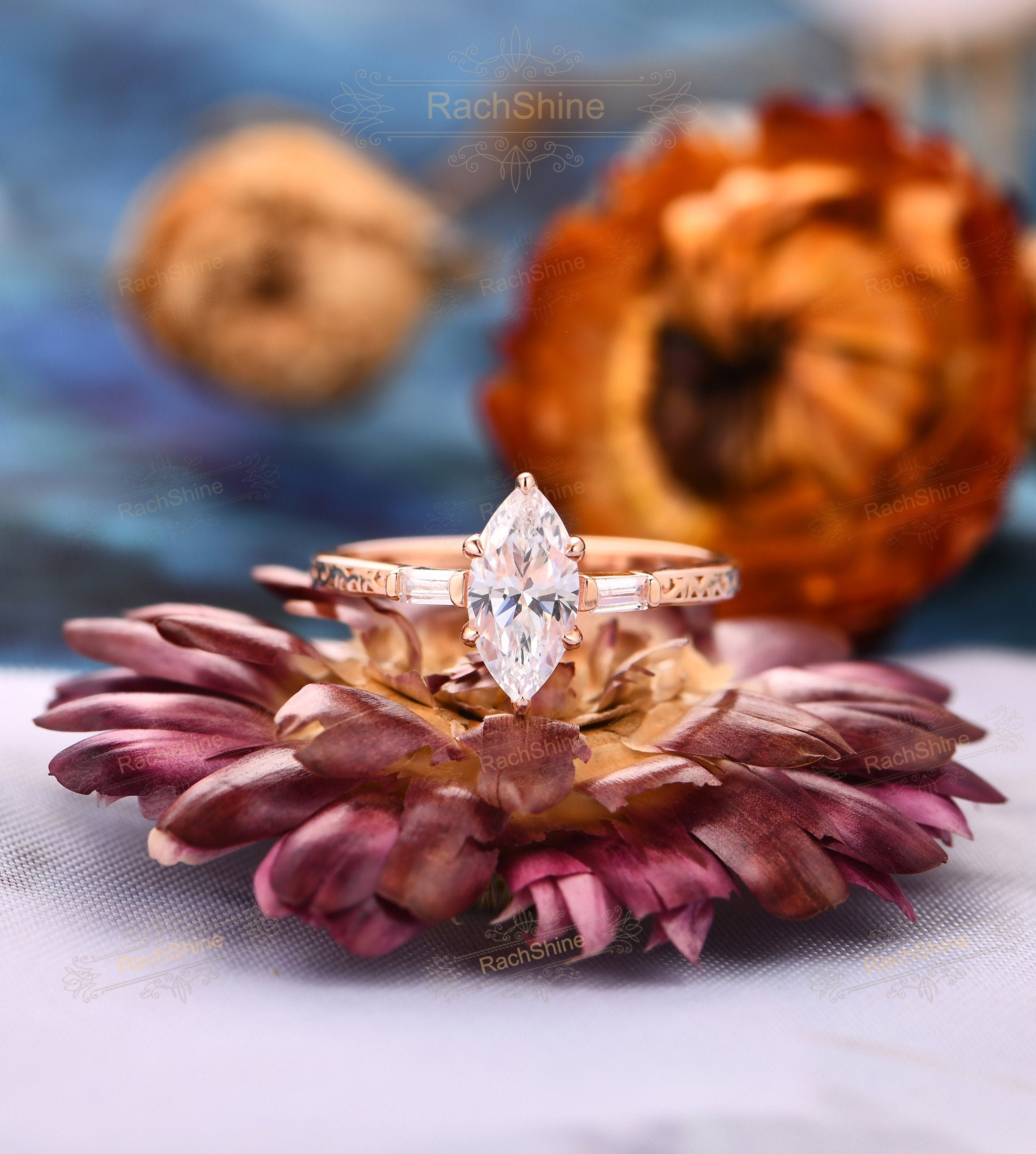 Sólido 14k Rose Gold Wedding Ring para mujeres / Marquise Cut | Etsy