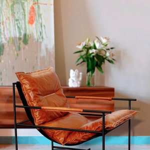 Lounge accent armchair Made in full grain leather with cushions Mid-century armchair image 3