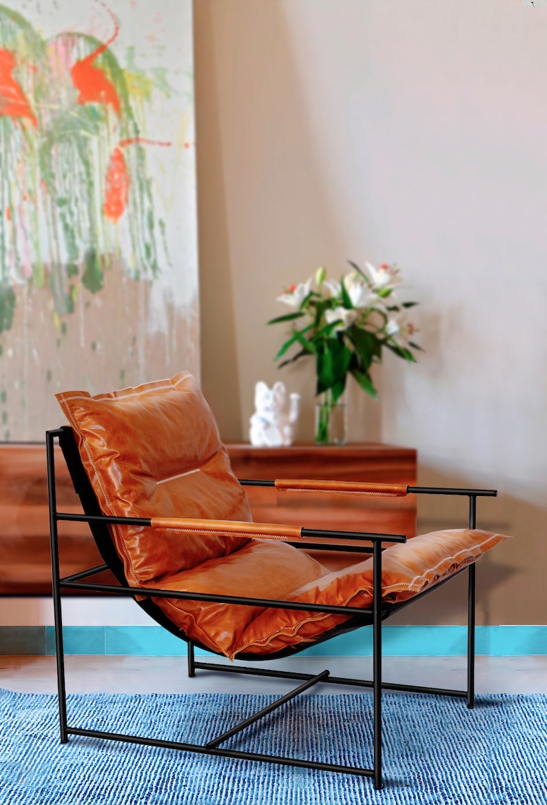 Lounge accent armchair Made in full grain leather with cushions Mid-century armchair image 3