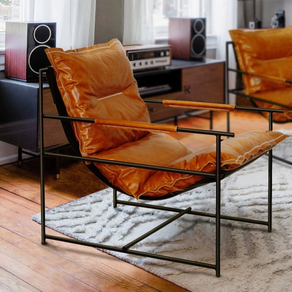 Lounge accent armchair | Made in full grain leather with cushions | Mid-century armchair |