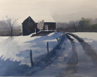 Original Watercolor Painting - Frosty Barn