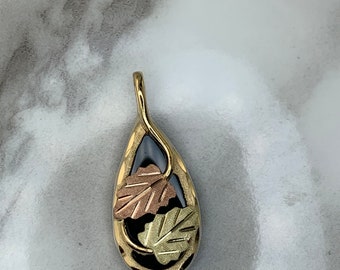 May include: A gold pendant in the shape of a teardrop with a black onyx stone and two gold, green, and red leaves.