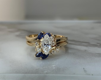 Estate 14kt .63cttw Diamond and Sapphire Wedding Set Size 6.25