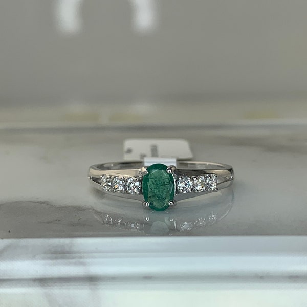 Sterling Silver Genuine Emerald and CZ Ring