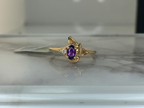 Estate 14kt Genuine Amethyst and Diamond Ring - image 1