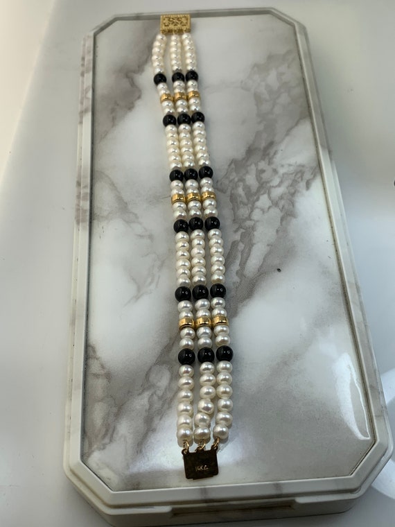 Estate 14kt Genuine Pearls and Black Onyx Bracelet - image 5