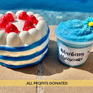 May include: Two blue and white themed desserts, a cake with red strawberries and a blue blueberry cheesecake. The text "Blueberry Cheesecake" is on the front of the cheesecake container. The text "ALL PROFITS DONATED" is on the bottom of the image.