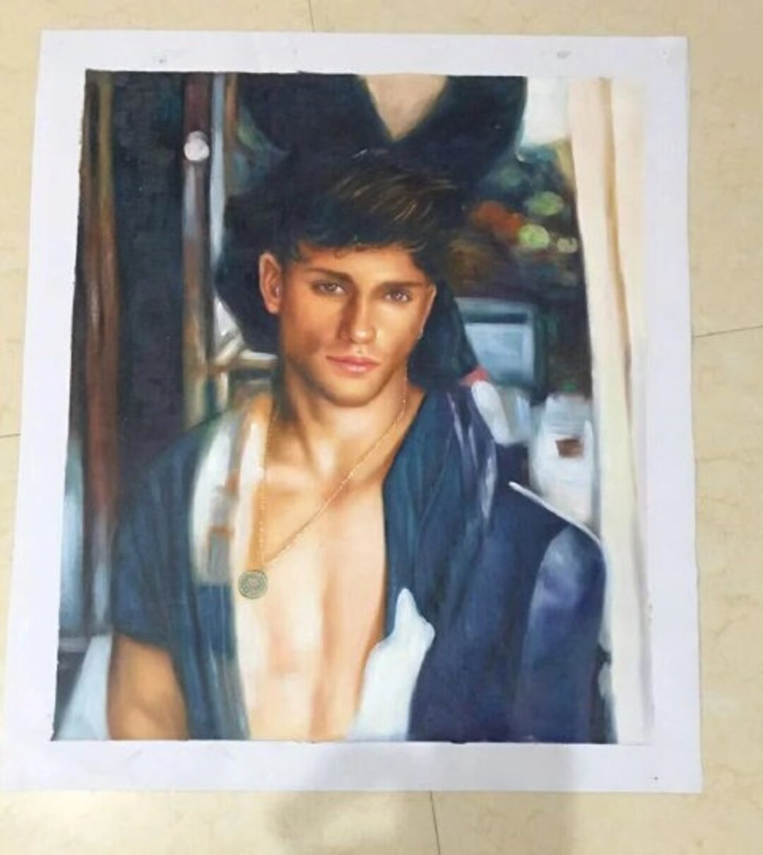 Erotic Art Portrait of Shirtless Man Original Oil Painting on Canvas