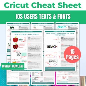 以下が含まれることがあります： iOSユーザー向けのデジタルCricutチートシート。テキストとフォントのチュートリアルが特徴です。緑と白のグラフィックには、モノグラム、テキストシェイプ、ノックアウトテキストの作成に関する手順が含まれています。画像には「Instant Download」と「15 Pages」の文字も含まれています。