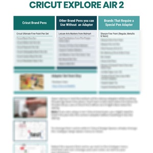 May include: A chart listing different brands of pens that work with the Cricut Explore Air 2. The chart is divided into three sections: Cricut Brand Pens, Other Brand Pens you can Use Without an Adapter, and Brands That Require a Special Pen Adapter. The Cricut Brand Pens section lists the Cricut Ultimate Fine-Point Pen Set. The Other Brand Pens section lists Leisure Arts Markers from Walmart. The Brands That Require a Special Pen Adapter section lists Sharpie Fine Point (Regular, Metallic & Neon).