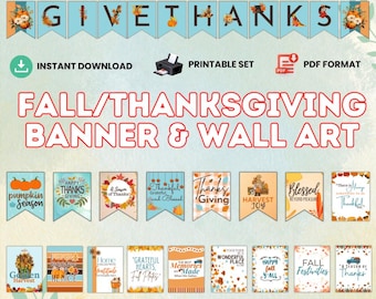 Printable Thanksgiving Banner | Fall & Thanksgiving Decorations | Fall Wall Art | Fall Signs | 29 Printable Banner Pieces