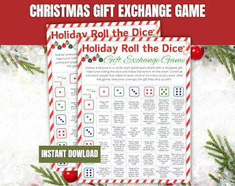 May include: Two printable game sheets for a Christmas Gift Exchange. The design features a red and white striped border, dice icons, and instructions. The text "Holiday Roll the Dice Gift Exchange Game" is displayed at the top. The words "Instant Download" are also visible.