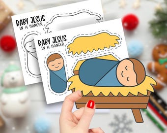 Printable Build a Baby Jesus in Manger Nativity Cut & Paste Bible Activity for Kids |  Christmas Story Scene Craft | Holiday Sunday School