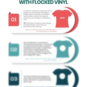 May include: A step-by-step guide on how to create an "embossed" look with flocked vinyl. The guide includes three steps, with a red t-shirt with the word "LOVE" on it, a teal t-shirt with a circle on it, and a teal t-shirt with a circle on it. The guide also includes a tip to use a simple and bold design rather than an intricate one.