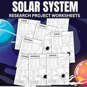 May include: A collection of Solar System research project worksheets featuring black and white line art of planets, including Earth, Saturn, Venus, Neptune, Uranus, Mercury, and Jupiter, with text fields for facts, temperature, and surface features.