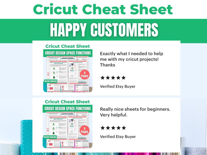 May include: A teal and white graphic with the text "Cricut Cheat Sheet" and "Happy Customers." The image includes customer reviews and a preview of the Cricut Design Space Functions cheat sheet with 9 pages.