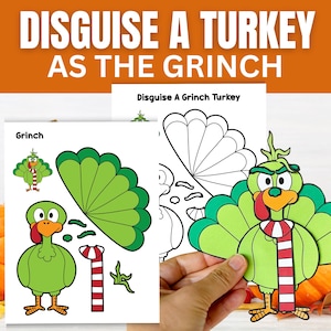 Disguise a Turkey as the Grinch Kids Craft | Printable Paper Thanksgiving Home & Classroom Activity | Fall Projects for Preschool and Kids