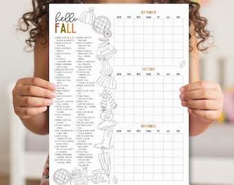 Hello Fall Bucket List Poster | 45+ Activity Ideas | September October November Calendar | Printable Autumn Kids Planner
