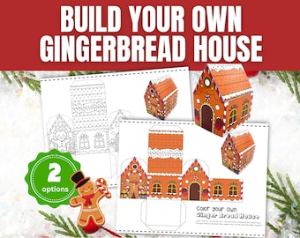 May include: A festive image featuring a 'Build Your Own Gingerbread House' kit. The kit includes printable templates for coloring and assembling gingerbread houses, with two design options. A gingerbread man graphic and the text 'Color your own Gingerbread House' are also visible.