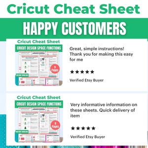 May include: A teal and white graphic with the text "Cricut Cheat Sheet" and "Happy Customers." The image includes two examples of a Cricut Design Space Functions cheat sheet with customer reviews and a five-star rating.