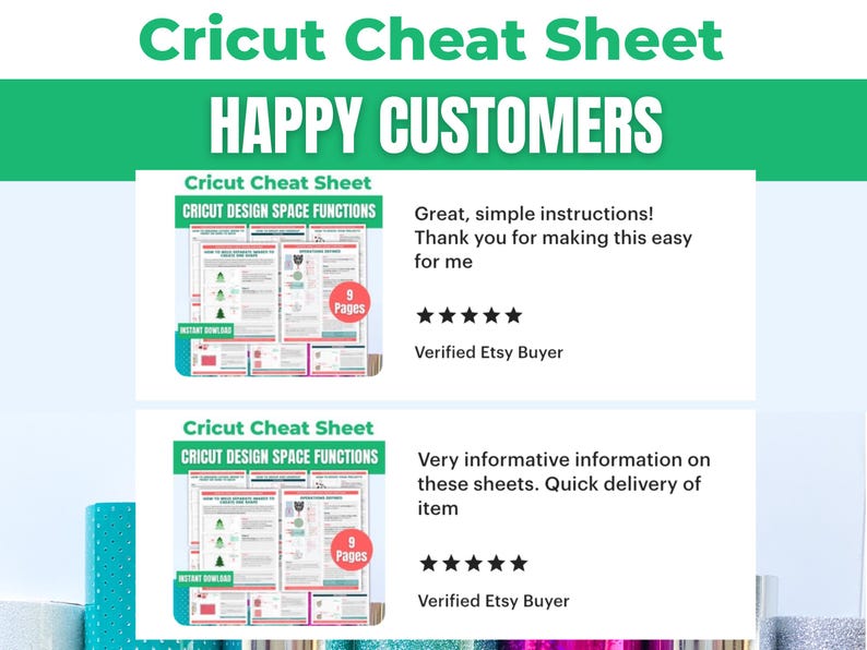 May include: A teal and white graphic with the text "Cricut Cheat Sheet" and "Happy Customers." The image includes two examples of a Cricut Design Space Functions cheat sheet with customer reviews and a five-star rating.