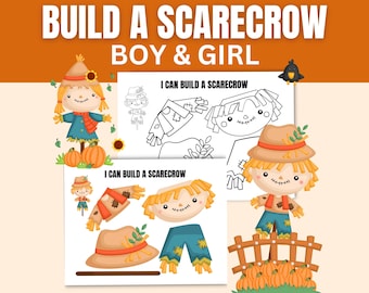 May include: A colorful illustration with the text "BUILD A SCARECROW BOY & GIRL". The image features a cartoon scarecrow, a coloring page, and scarecrow parts. Pumpkins and a fence are also shown.
