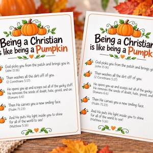 May include: Two identical white rectangular cards featuring the text Being a Christian is like being a Pumpkin, decorated with orange pumpkin illustrations and green leaves. The cards list five religious steps with corresponding Bible verses.