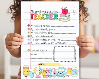 Printable All About My Awesome Teacher | Printable Teacher Appreciation Gift | End of Year Teacher Card | Kids School Teacher Worksheet Gift