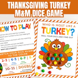 Printable Thanksgiving Kids M&M Dice Game | Who is Most Like the Turkey - Roll A Turkey Kids Edition | Holiday Table and Classroom Game