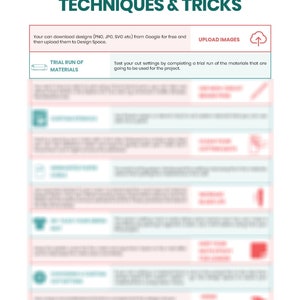 May include: A chart with tips and tricks for using a Cricut Explore Air 2 cutting machine. The chart includes instructions for uploading images, completing a trial run of materials, and other helpful tips. The chart is titled "Cricut Explore Air 2 Techniques & Tricks".