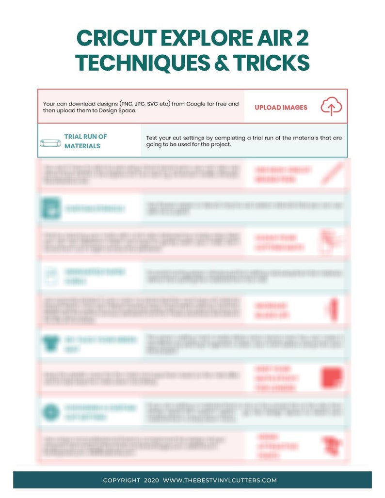 May include: A chart with tips and tricks for using a Cricut Explore Air 2 cutting machine. The chart includes instructions for uploading images, completing a trial run of materials, and other helpful tips. The chart is titled "Cricut Explore Air 2 Techniques & Tricks".