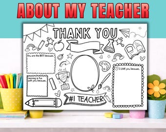 Printable About My Teacher - Teacher Appreciation Activity Color In Placemat Worksheet (Award Certificate or Gift)