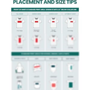 May include: An informational graphic titled "HTV Shirt Decal Placement and Size Tips." It shows diagrams of t-shirts with red rectangles indicating decal placement. Measurements are given in inches for decal widths, ranging from 3" to 12".