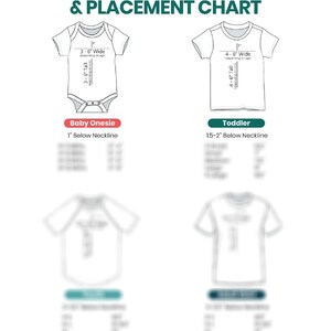 May include: A chart showing the sizing and placement of heat transfer vinyl for baby onesies and toddler shirts. The chart includes measurements for width and height, as well as placement guidelines for the vinyl on the garments.