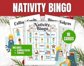 Puede incluir: Juego de bingo del Nacimiento con tarjetas de llamada y fichas. Las tarjetas de bingo presentan ilustraciones de figuras y símbolos bíblicos. El juego incluye 10 tarjetas y es perfecto para una noche de juegos navideña o religiosa.