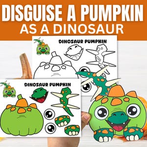 Puede incluir: Imagen temática de Halloween con el texto "DISGUISE A PUMPKIN AS A DINOSAUR". La imagen presenta un recorte de calabaza de dinosaurio verde, piezas imprimibles de calabaza de dinosaurio y calabazas.