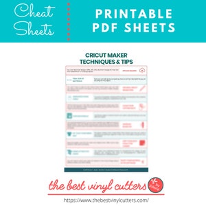 Puede incluir: Hoja de trucos PDF imprimible con consejos y técnicas para usar una Cricut Maker. La hoja incluye una sección sobre pruebas de materiales y la carga de imágenes.
