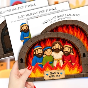 May include: A paper craft kit featuring the Bible story of Shadrach, Meshach, and Abednego in a fiery furnace. The set includes printed sheets with instructions and cut-out figures of three people standing in front of bright orange and red flames.
