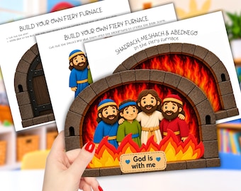 May include: A paper craft kit featuring the Bible story of Shadrach, Meshach, and Abednego in a fiery furnace. The set includes printed sheets with instructions and cut-out figures of three people standing in front of bright orange and red flames.