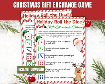 May include: Two printable Christmas game sheets titled "Holiday Roll the Dice Gift Exchange Game." The sheets feature dice roll instructions, Santa and reindeer illustrations, and the words "Instant Download" in a green box.